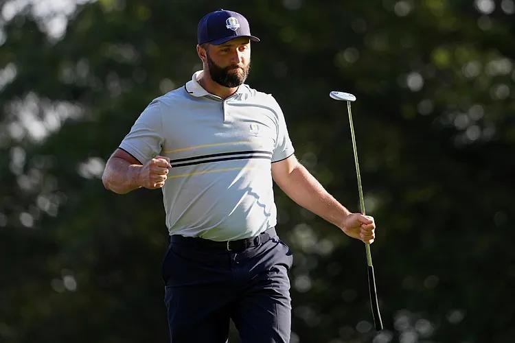 Europe's Jon  lt;HIT gt;Rahm lt;/HIT gt; celebrates on the 15th hole at Bethpage Black golf course during the Ryder Cup golf tournament, Friday, Sept. 26, 2025, in Farmingdale, N.Y. (AP Photo/Matt Slocum)